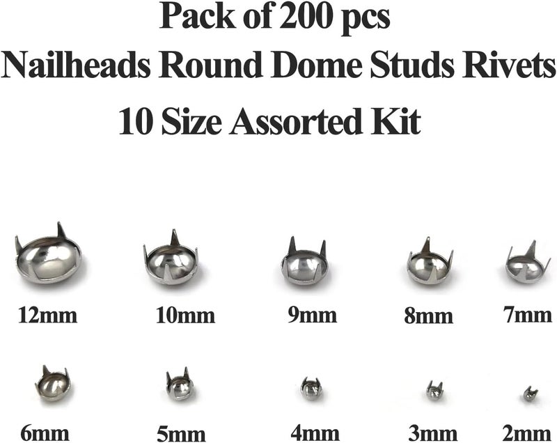 honigo 200pcs Nailheads Dome Studs Rivets Silver Metal Solid Brass 2/3/4/5/6/7/8/9/10/12mm 4 Prongs Spikes Spots for Leather Craft Clothes Belt Bag Shoes Decorations Totes DIY Craft - Image 2
